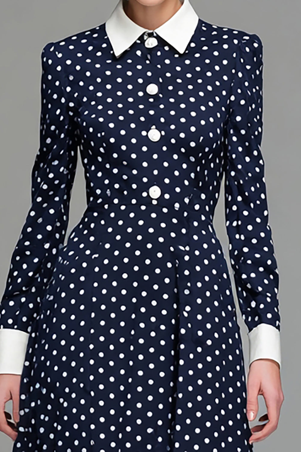 Navy Satin A-Line Long Sleeved Tea-Length Polka Dot Dress