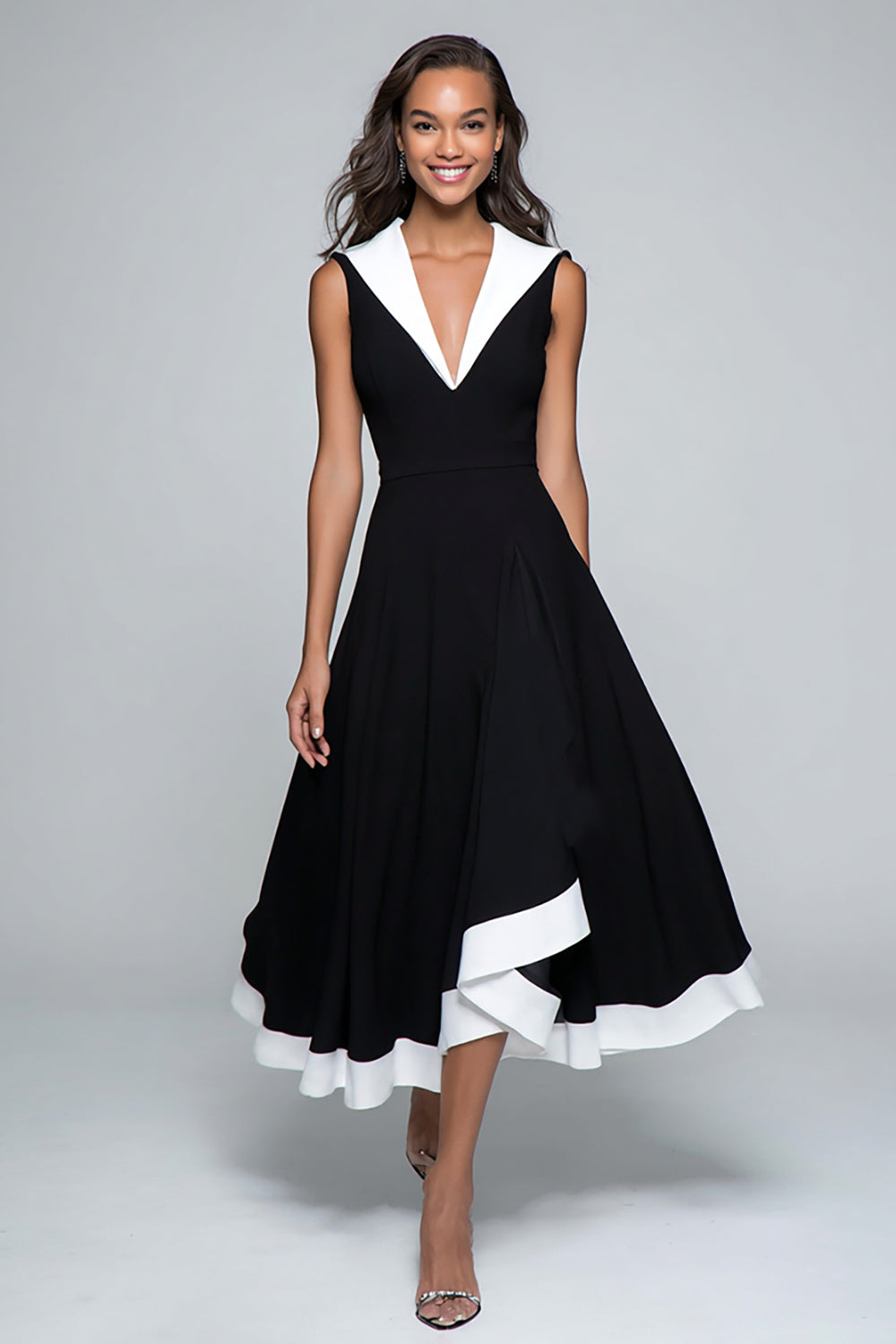Black and White A-Line V-Neck Midi Formal Dress