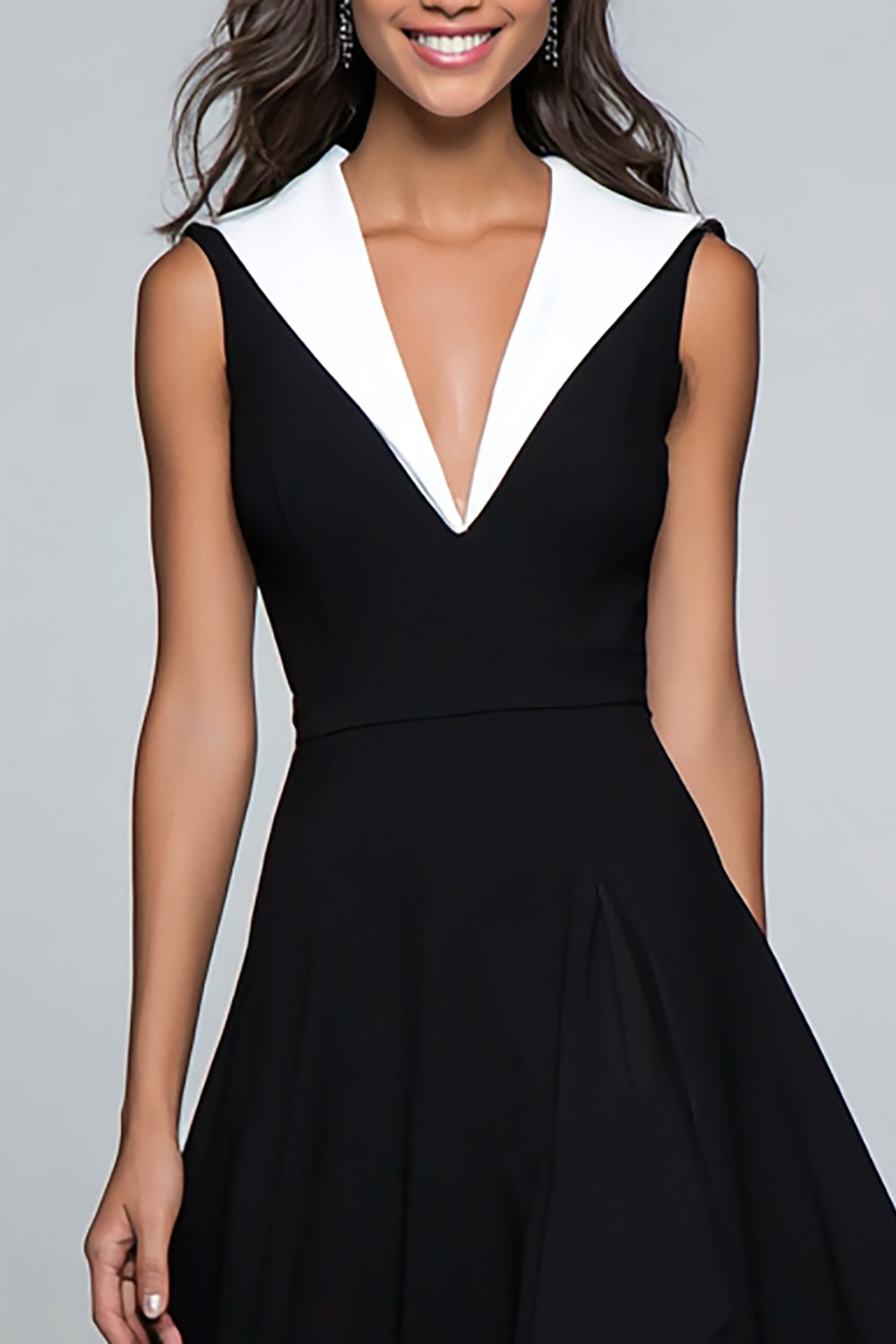 Black and White A-Line V-Neck Midi Formal Dress