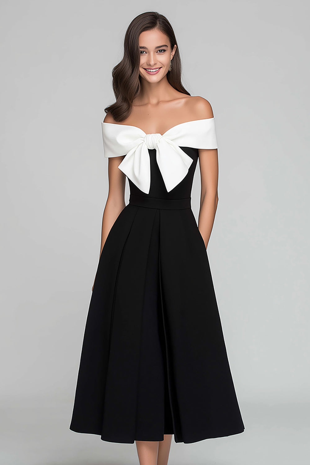 Black and White A-Line Off-the-Shoulder Long Formal Dress with Bow