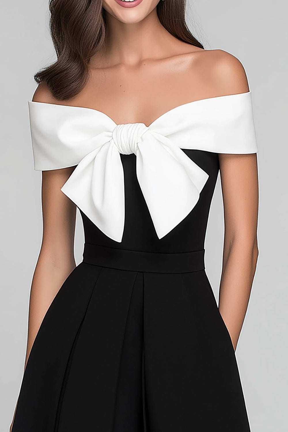 Black and White A-Line Off-the-Shoulder Long Formal Dress with Bow
