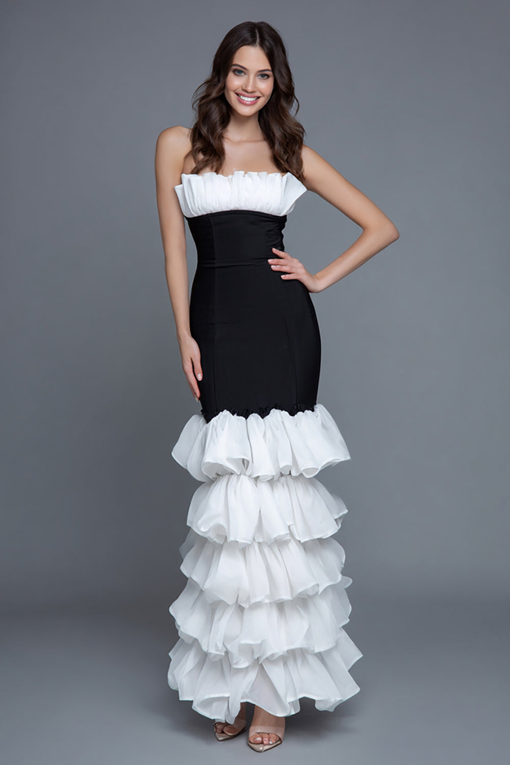 Black and White Strapless Tiered Ruffle Mermaid Long Formal Dress