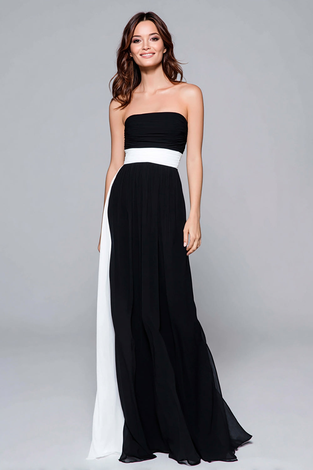 Robe de soirée longue sans bretelles trapèze noire et blanche