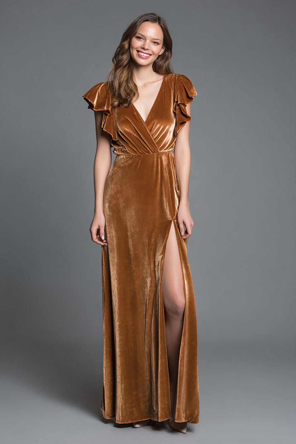 Robe longue de soirée trapèze en velours marron avec fente et manches à volants