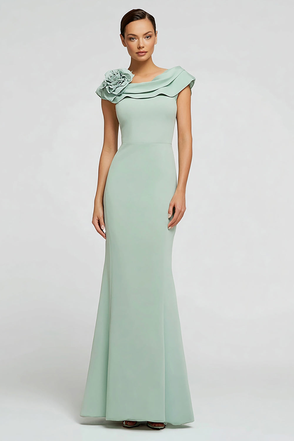 Robe de Soirée Longue Vert Menthe Sirène Crêpe Col Bateau avec Volants
