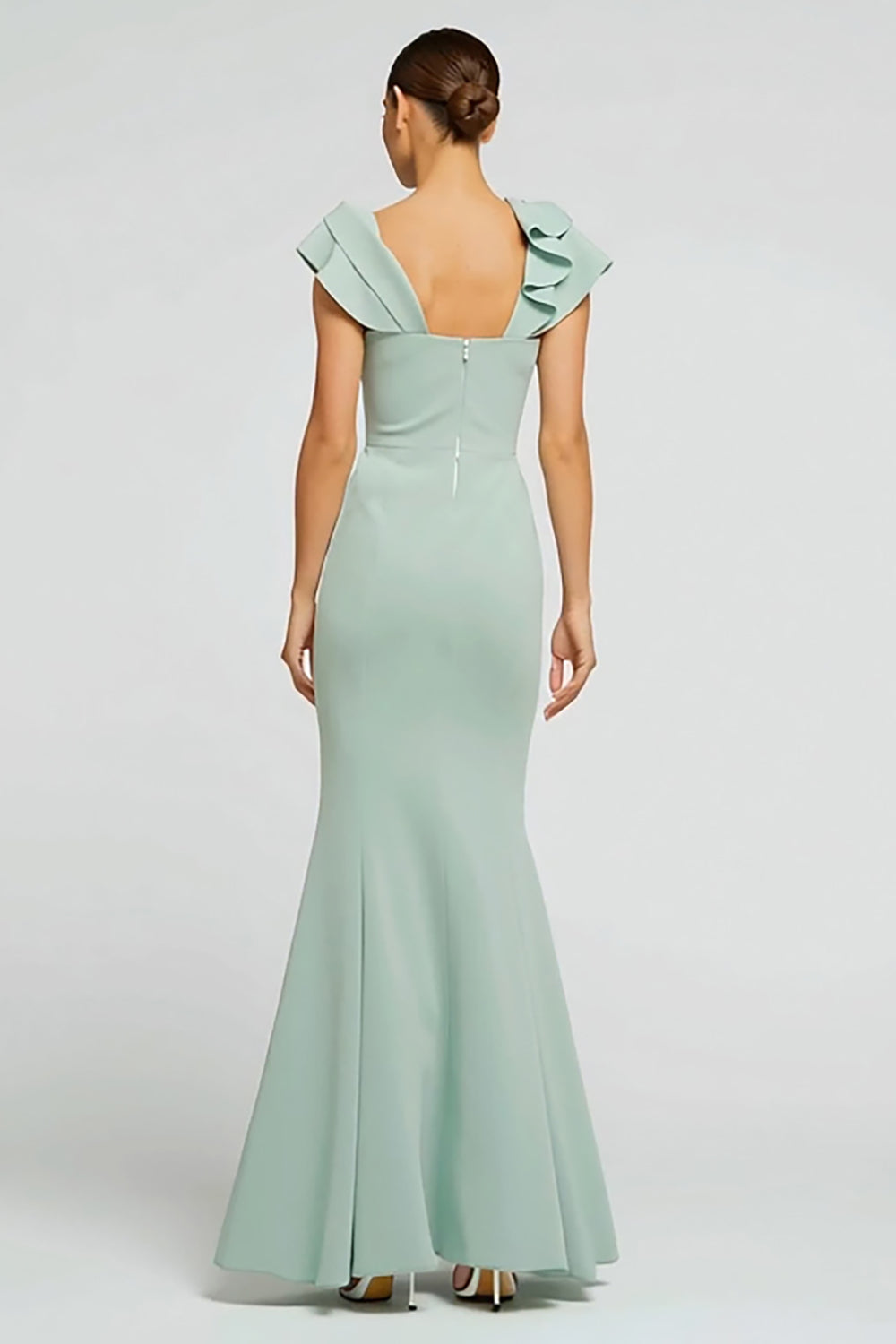 Robe de Soirée Longue Vert Menthe Sirène Crêpe Col Bateau avec Volants