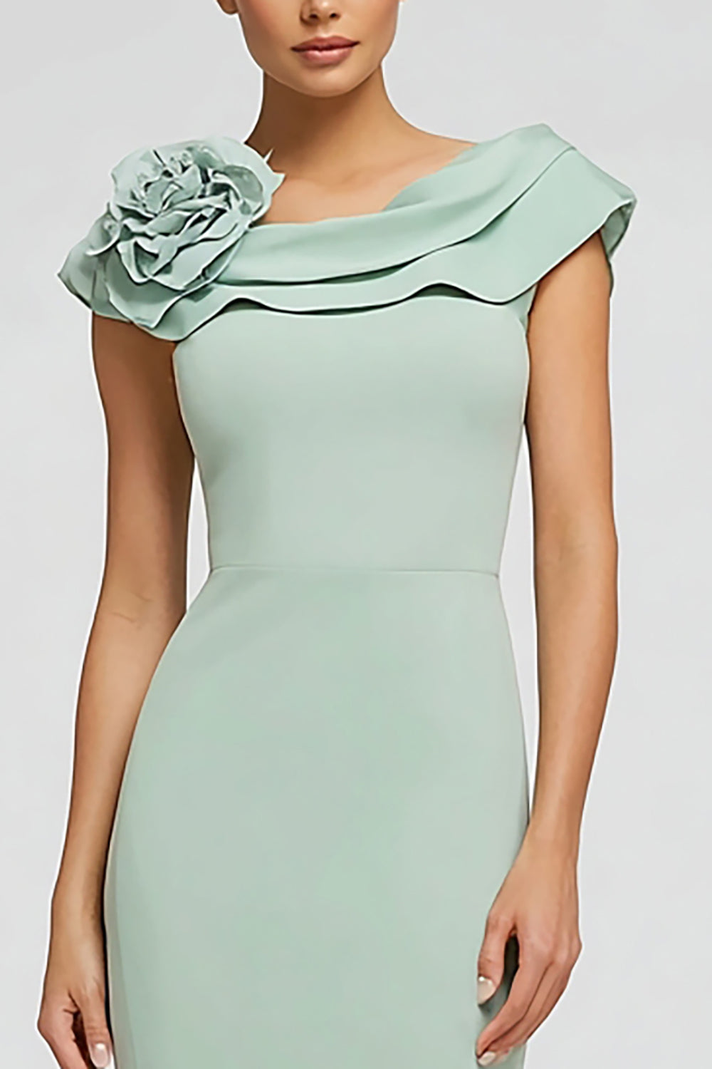 Robe de Soirée Longue Vert Menthe Sirène Crêpe Col Bateau avec Volants