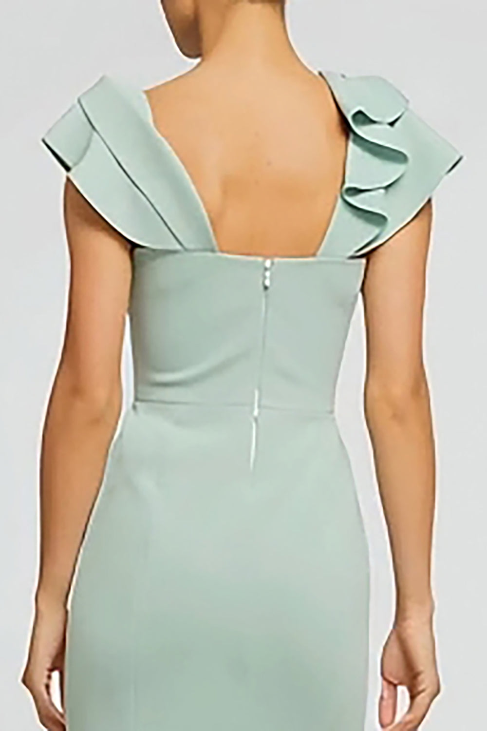 Robe de Soirée Longue Vert Menthe Sirène Crêpe Col Bateau avec Volants
