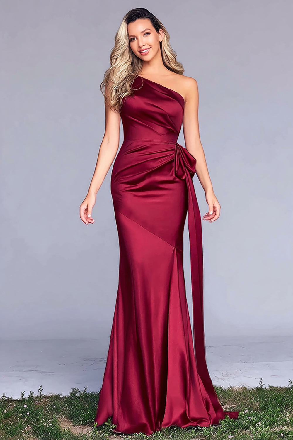 Burgundy One Shoulder Mermaid Satin Long Formal Dress with Sash
