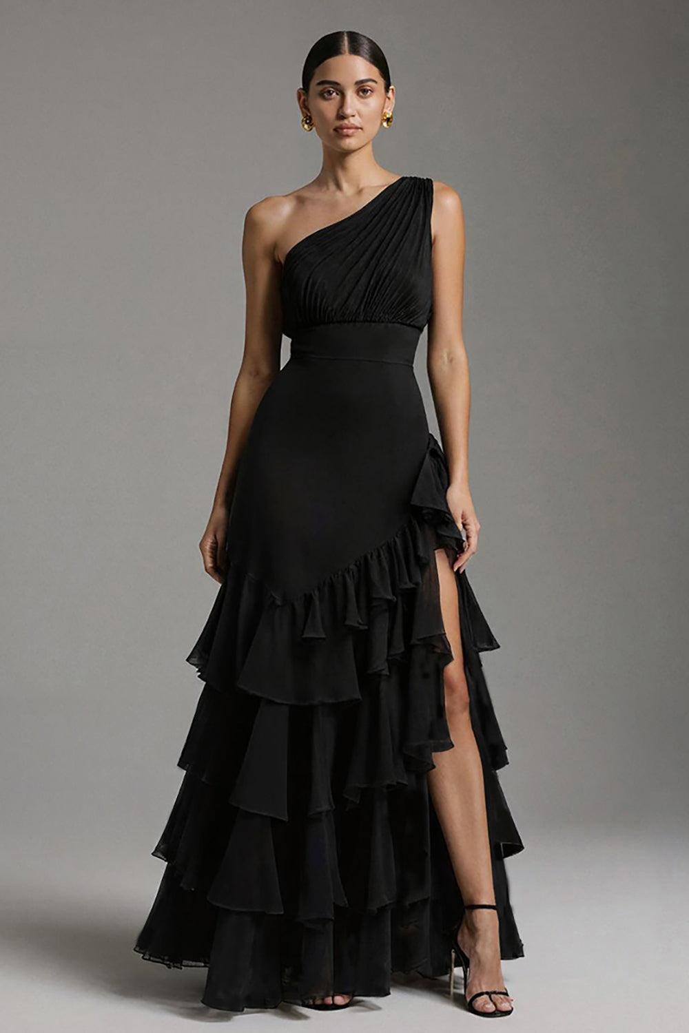 Black A Line Tiered One Shoulder Maxi Formal Dress with Slit