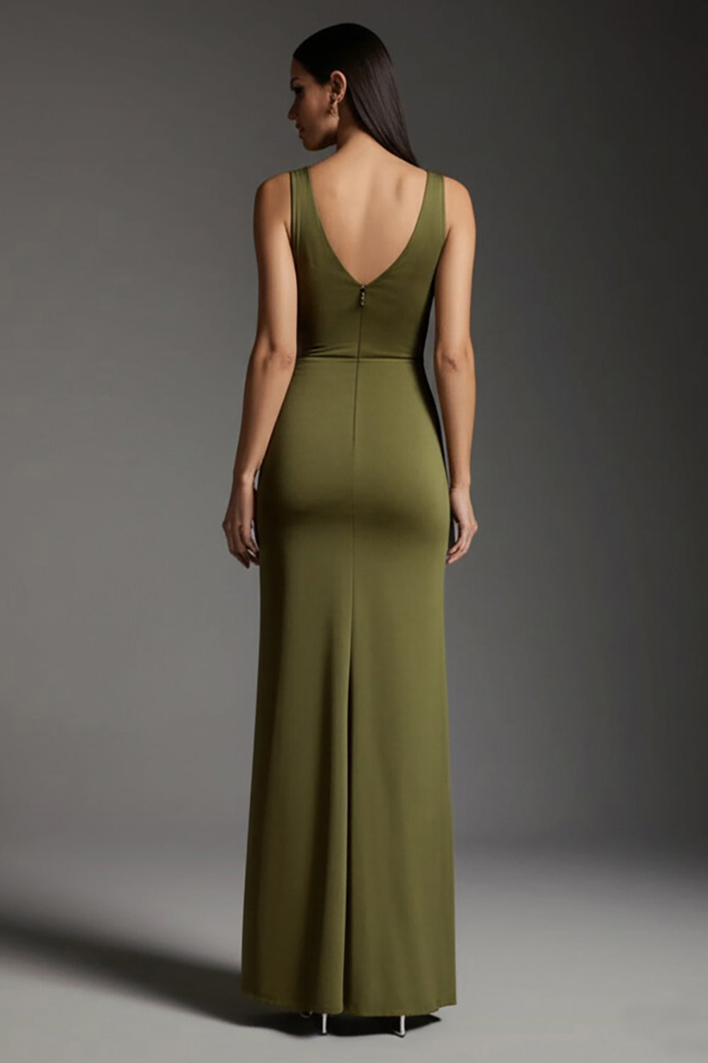 Robe longue de cérémonie fendue vert olive à col en V