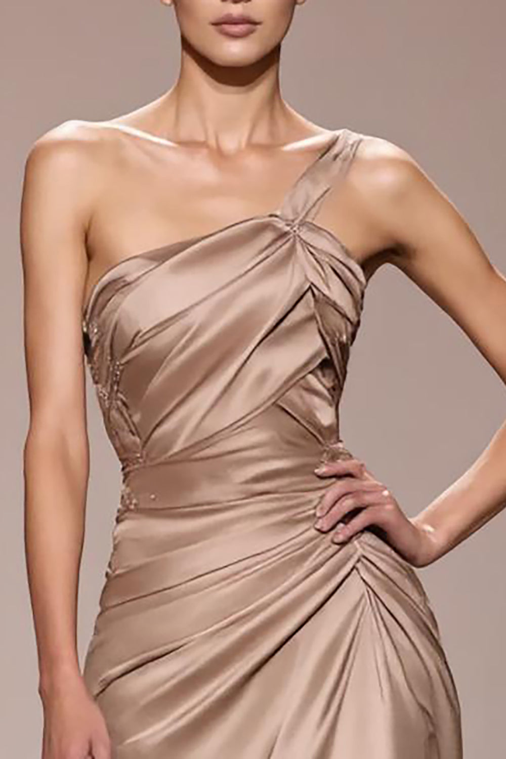 Champagne Satin Ruched Long Evening Dress
