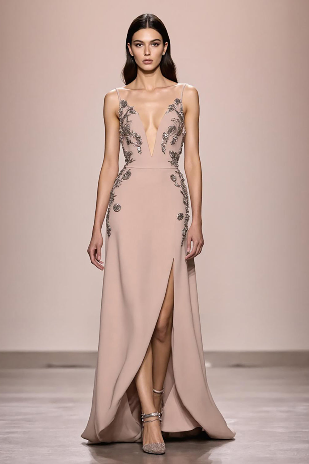 Champagne A Line Long Satin Evening Dress With Slit