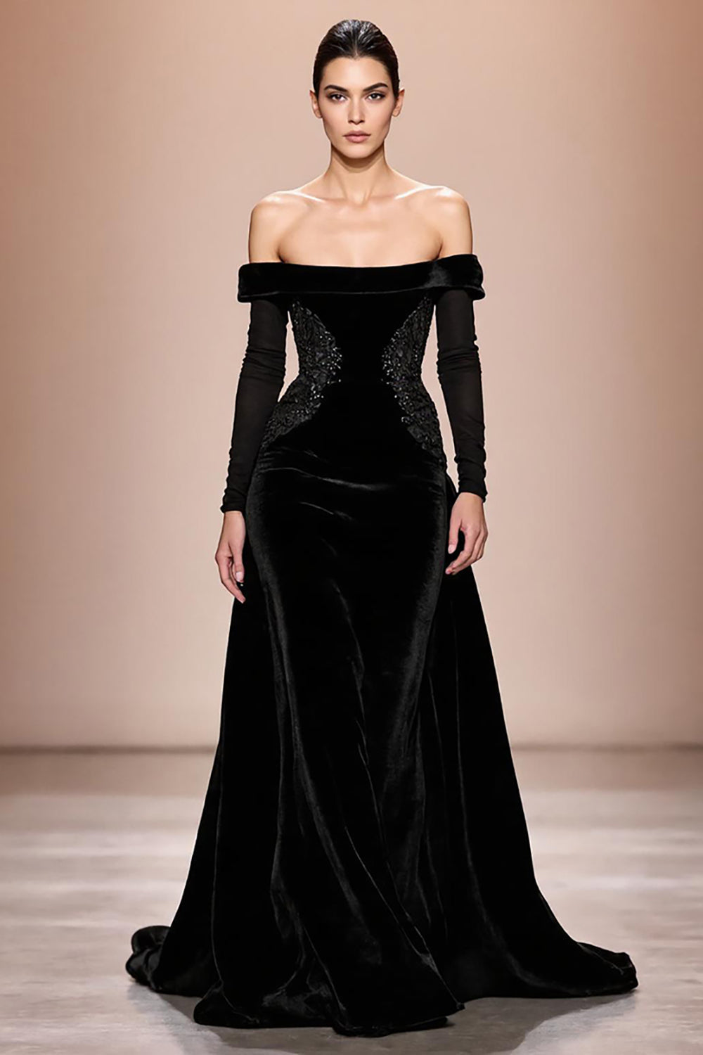 Black Velvet Off-The-Shoulder Long Evening Dress With Sleeves
