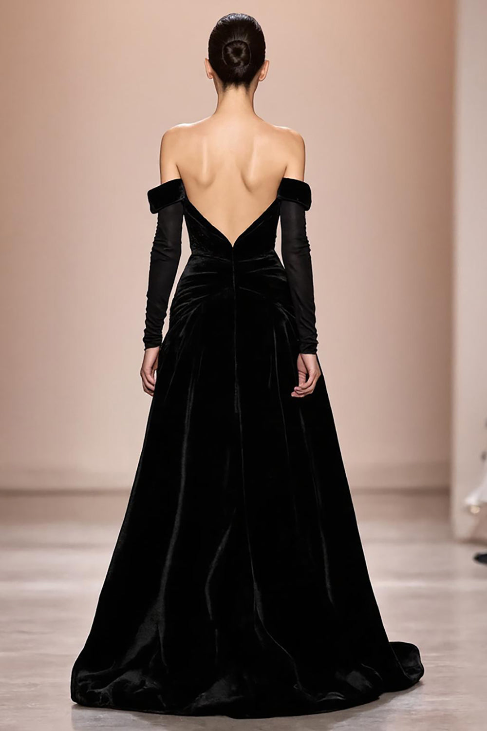 Black Velvet Off-The-Shoulder Long Evening Dress With Sleeves