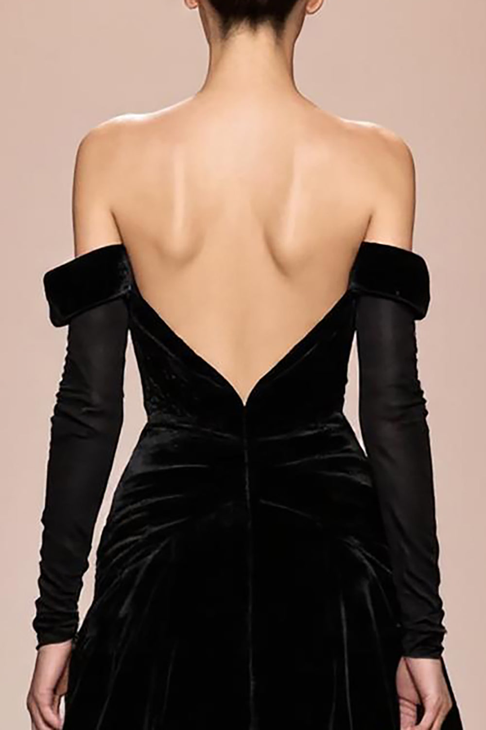 Black Velvet Off-The-Shoulder Long Evening Dress With Sleeves