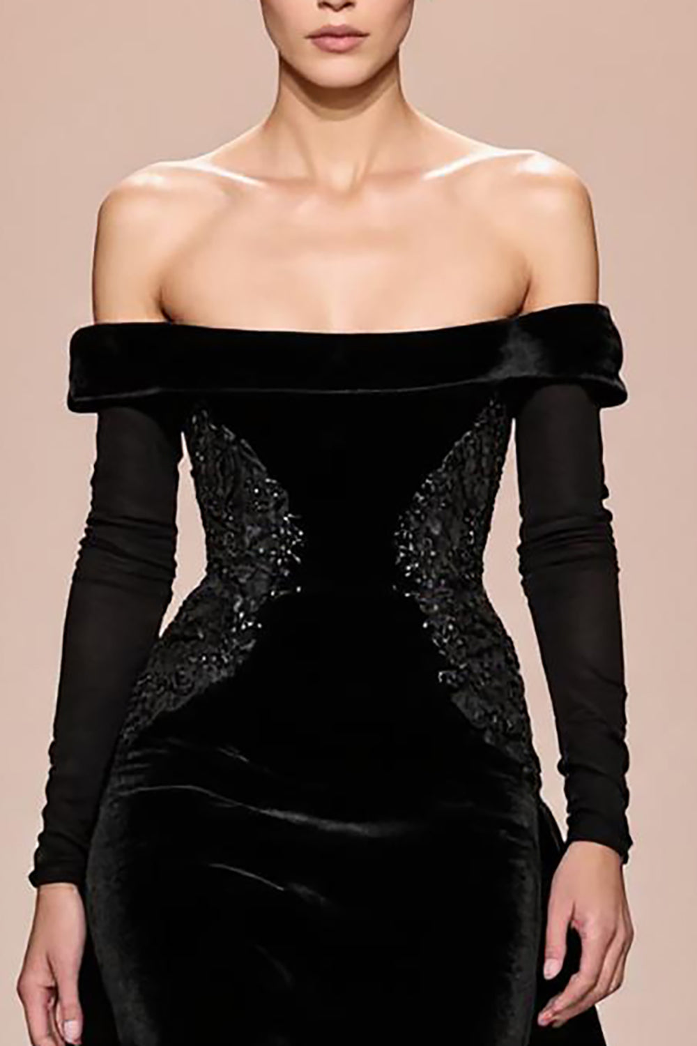 Black Velvet Off-The-Shoulder Long Evening Dress With Sleeves
