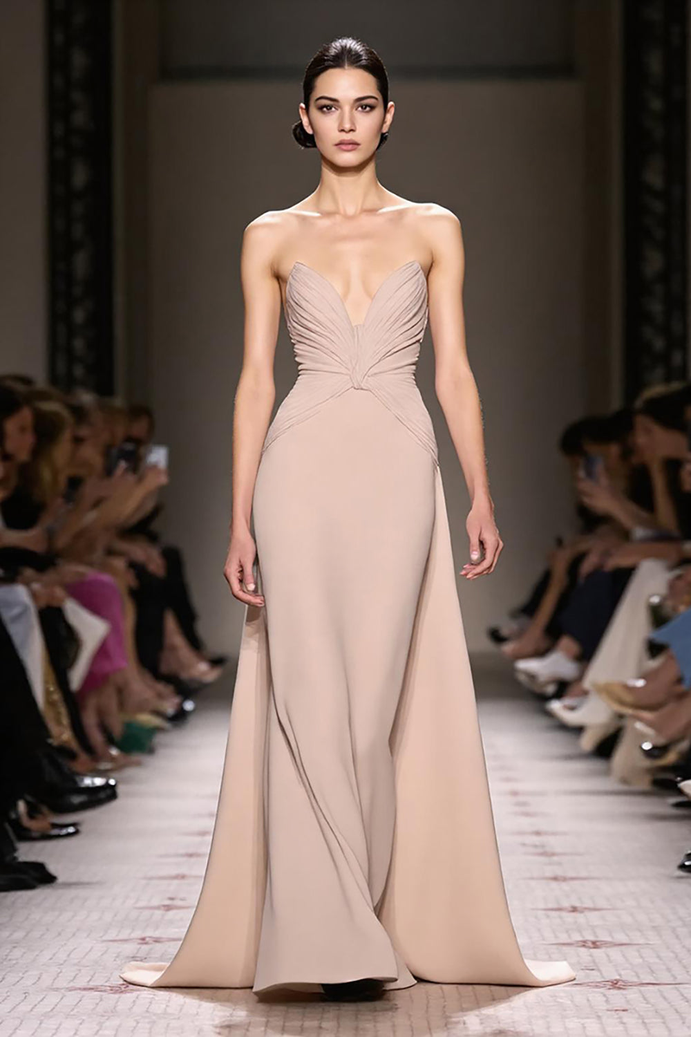 Champagne Satin Strapless Ruched Maxi Evening Dress