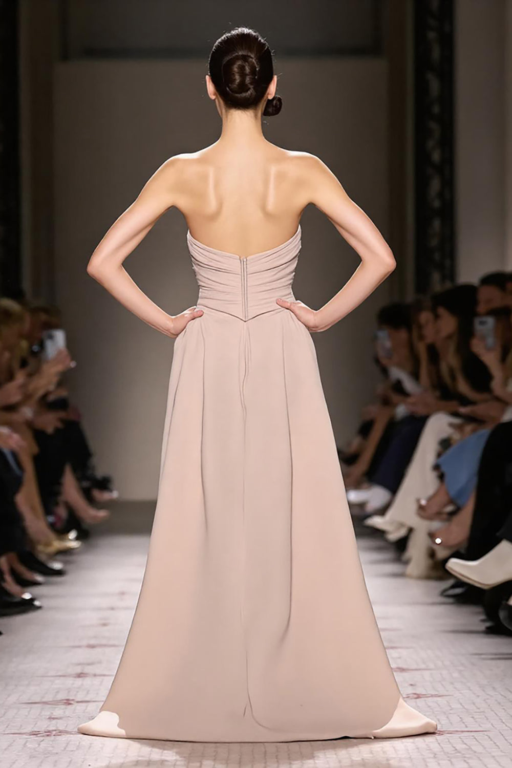 Champagne Satin Strapless Ruched Maxi Evening Dress