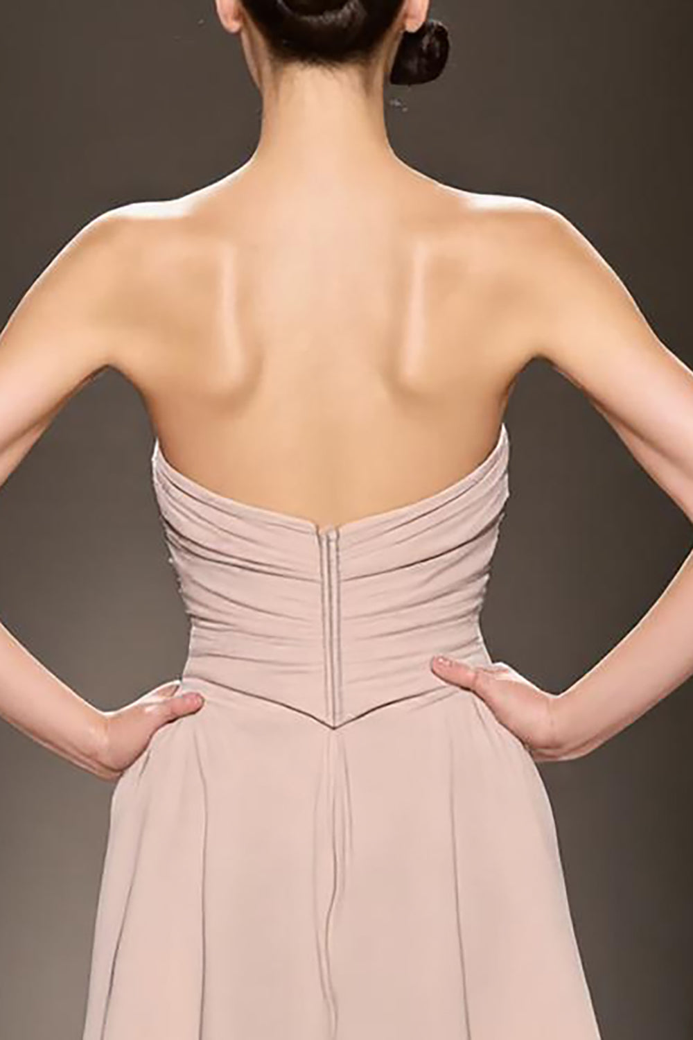Champagne Satin Strapless Ruched Maxi Evening Dress