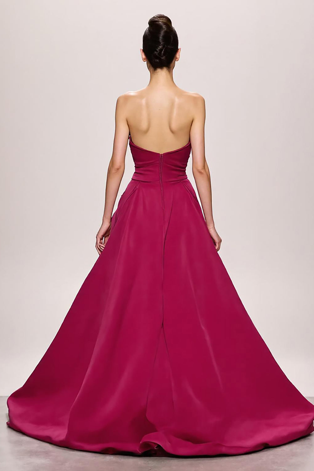 Fuchsia Satin A Line Ruched Strapless Long Evening Dress With Slit