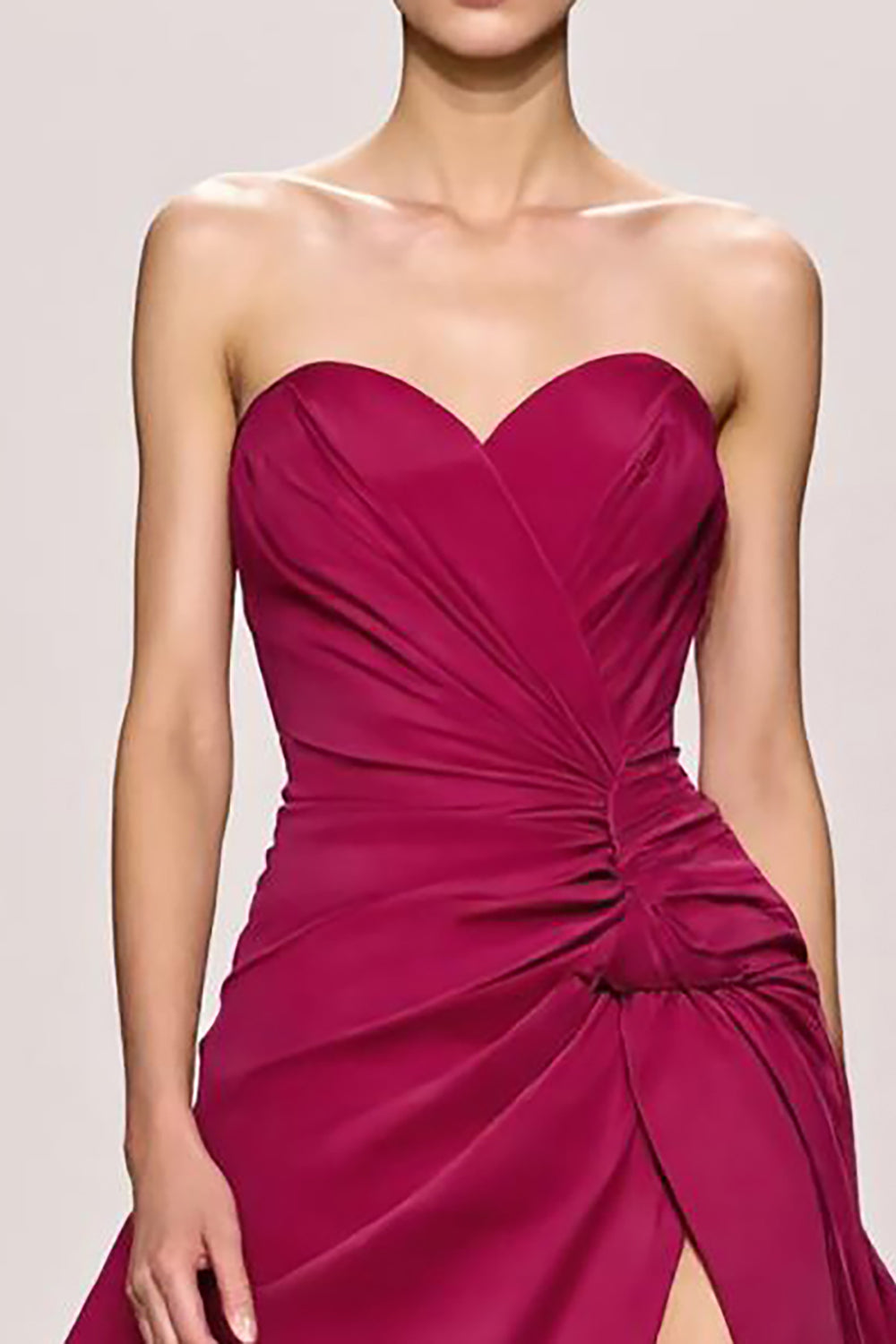 Fuchsia Satin A Line Ruched Strapless Long Evening Dress With Slit