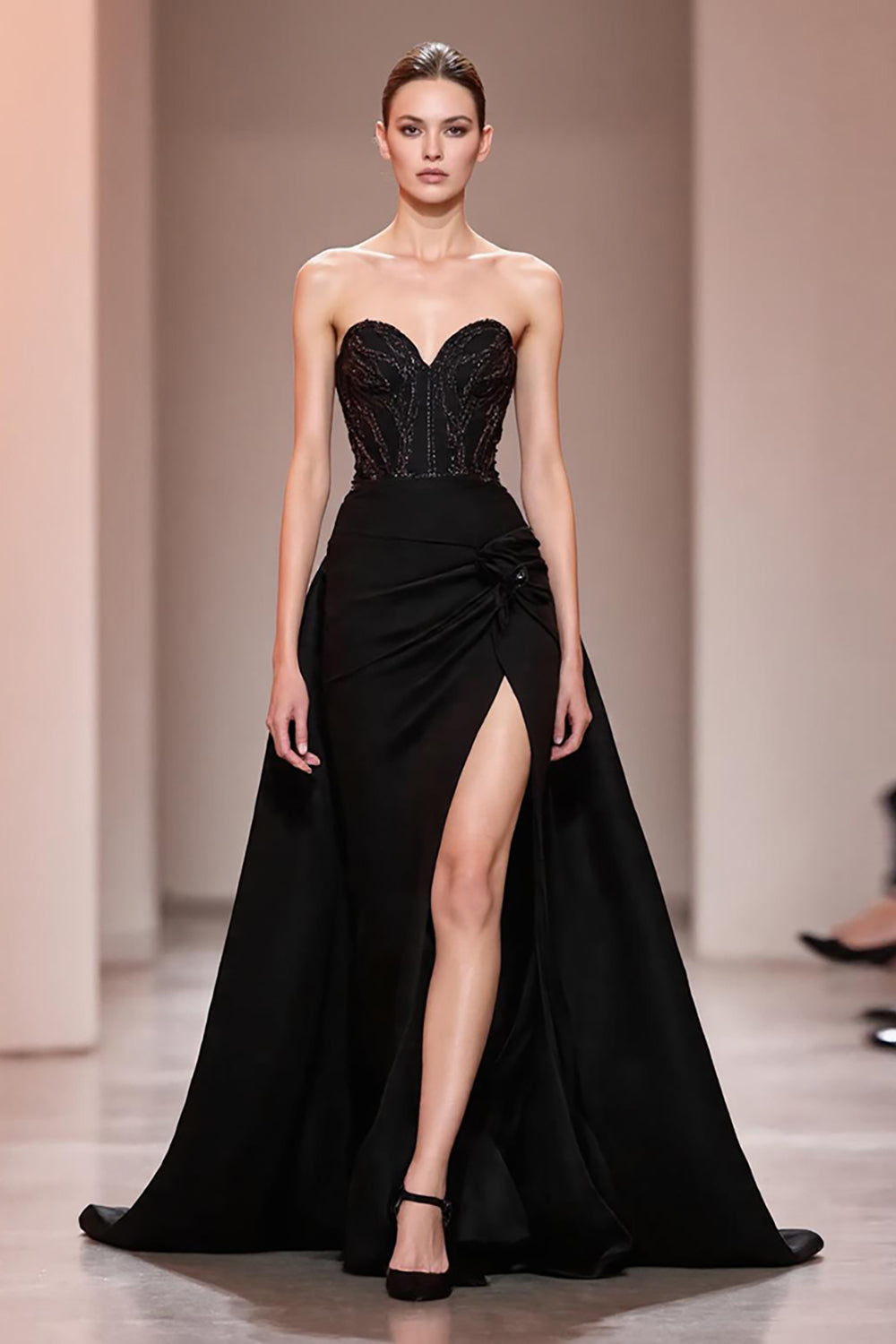 Black A-Line Satin Beaded Sweetheart Evening Dress with Slit