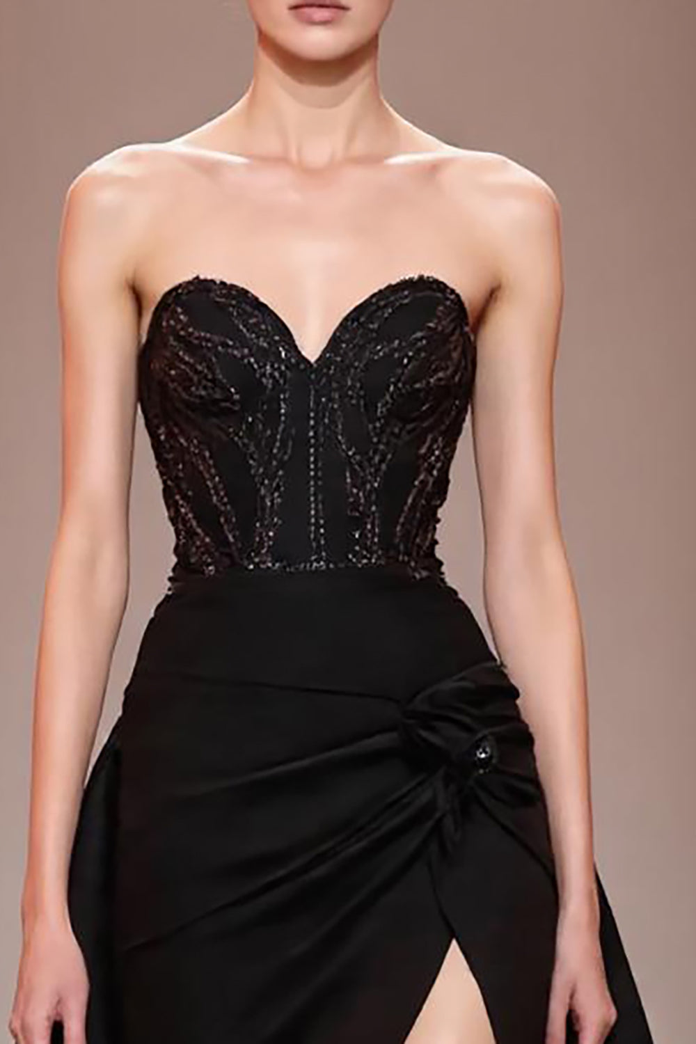 Black A-Line Satin Beaded Sweetheart Evening Dress with Slit
