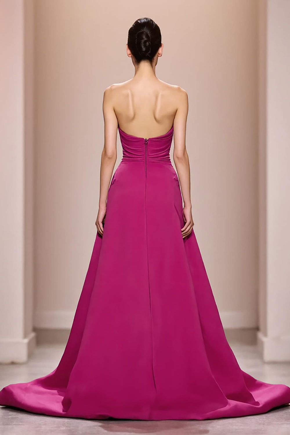 Fuchsia Satin A Line Strapless Long Evening Dress With 3D Flower