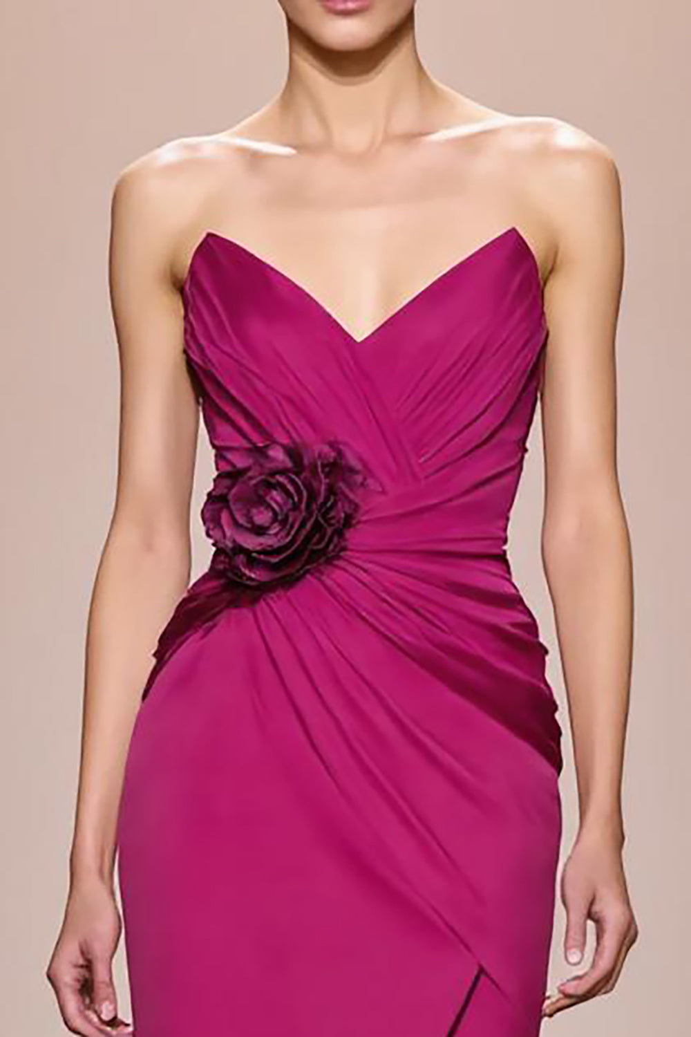 Fuchsia Satin A Line Strapless Long Evening Dress With 3D Flower