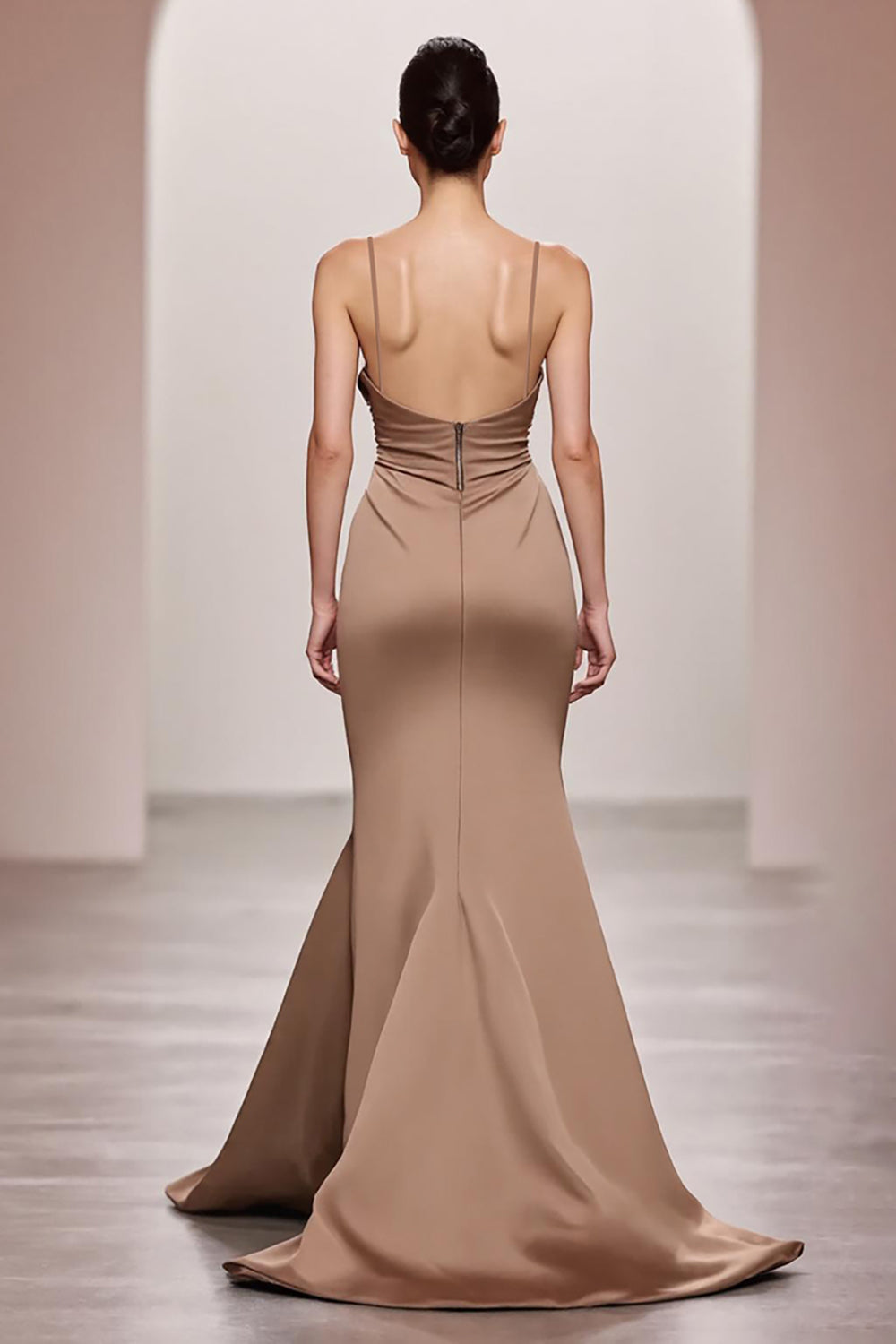 Coffee Satin Mermaid Spaghetti Straps Long Evening Dress