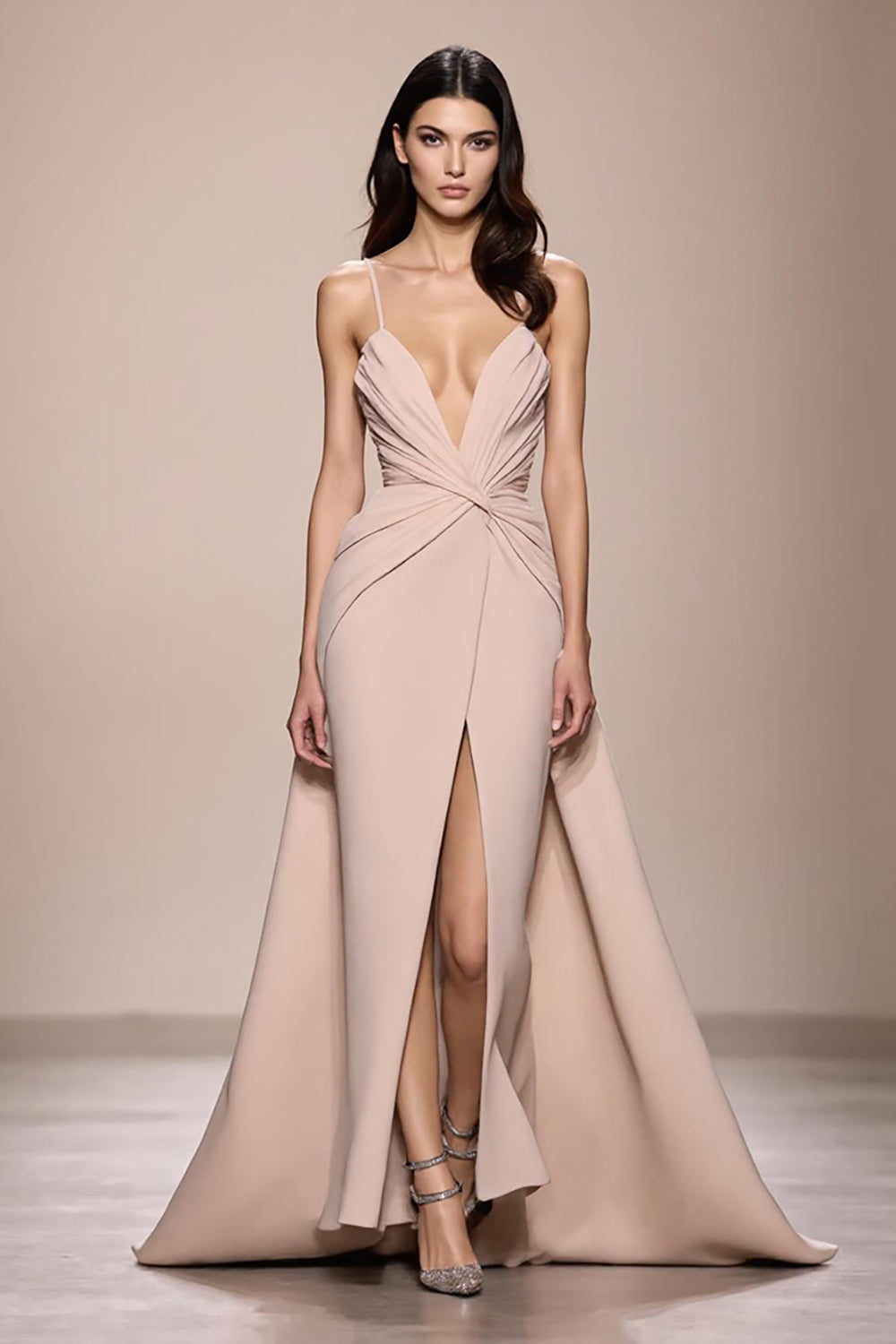 Champagne Satin A Line Ruched Evening Dress With Slit