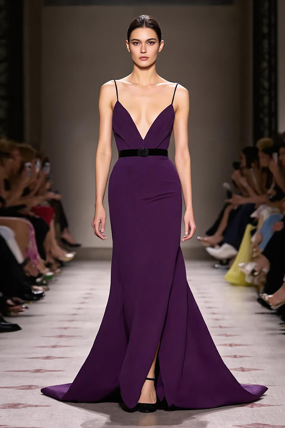 Dark Purple Satin Spaghetti Straps Long Evening Dress