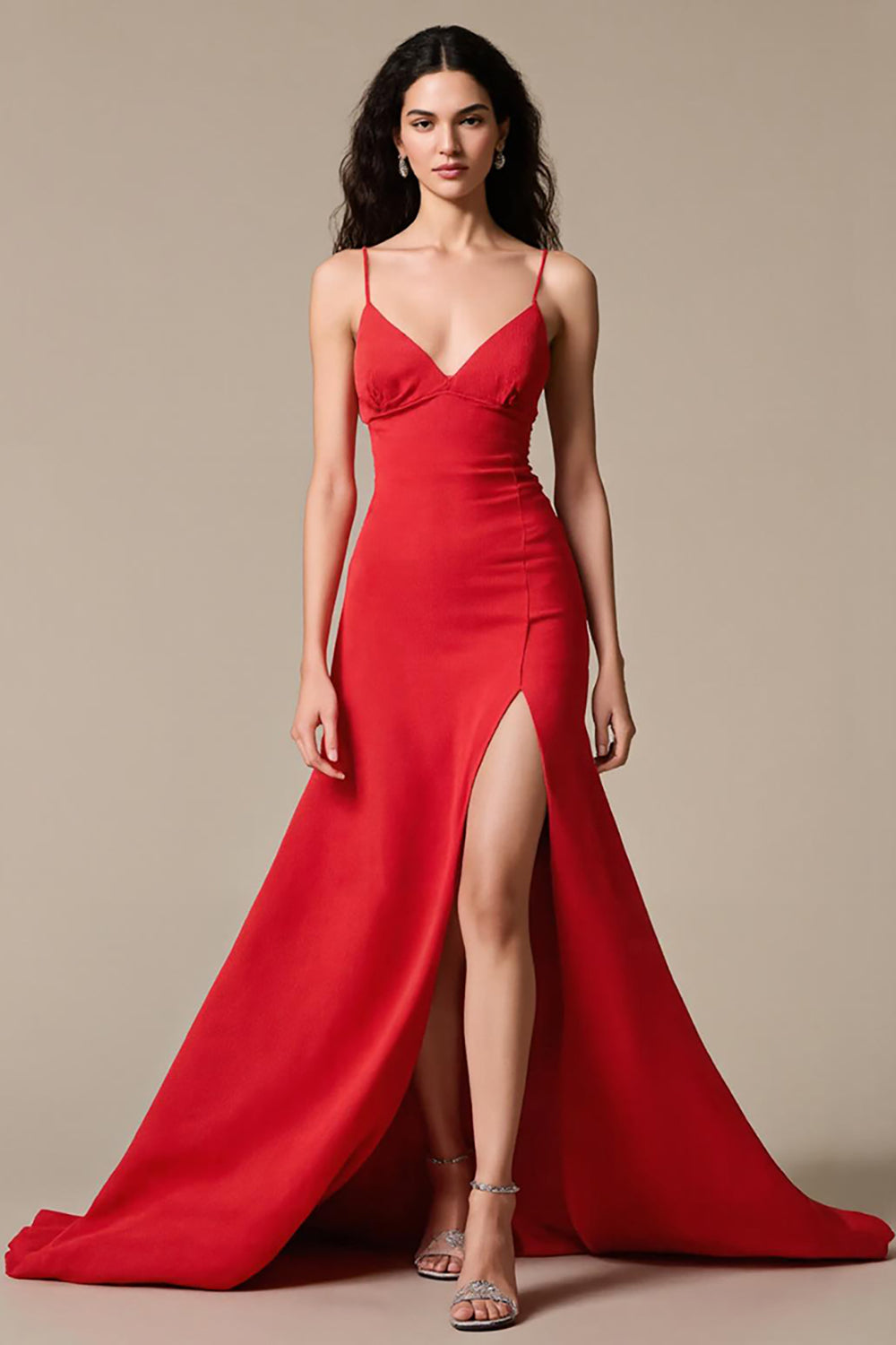 Red Satin A-Line Spaghetti Straps Long Evening Dress with Slit