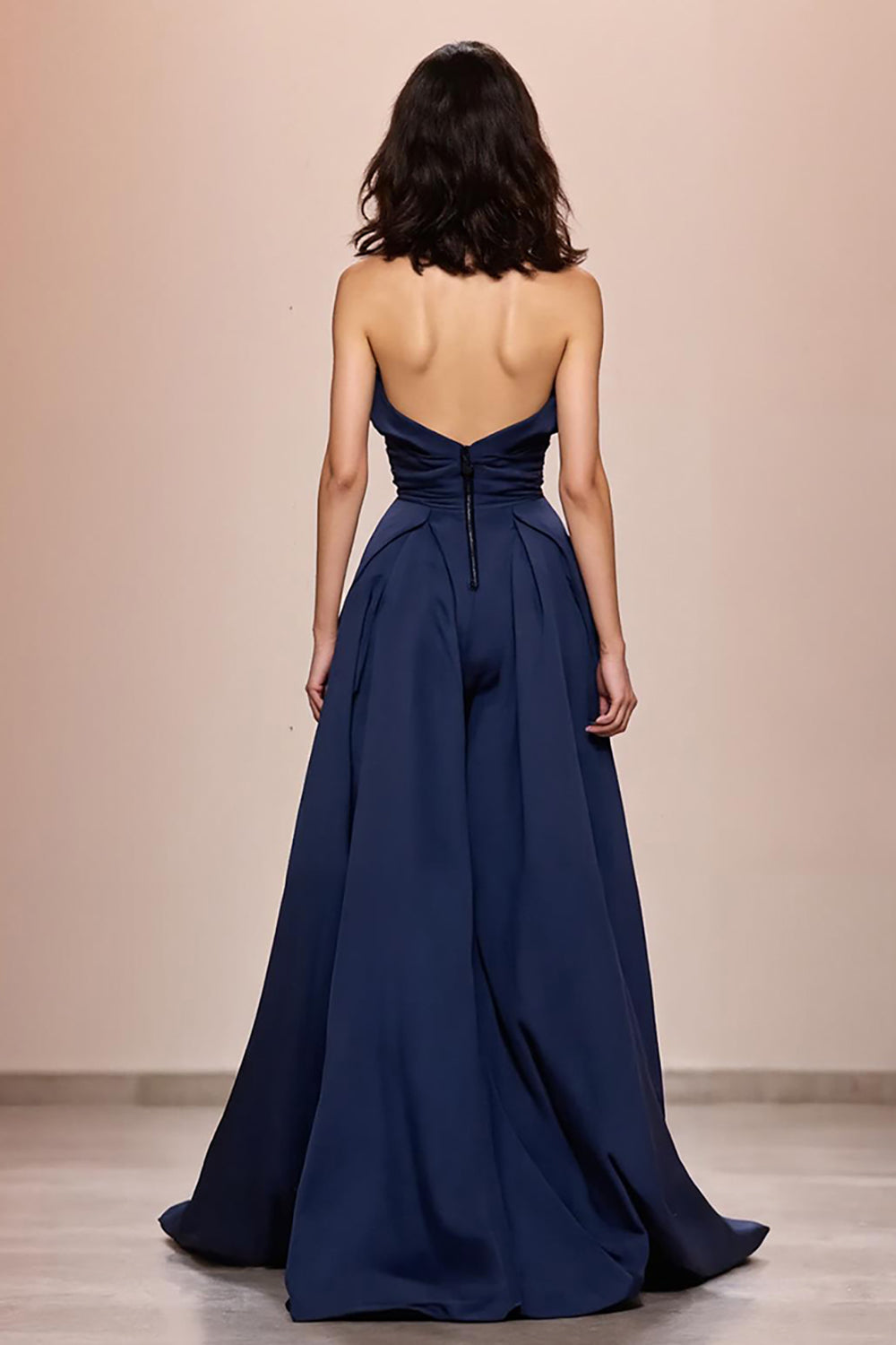 Robe de Soirée Longue Bustier en Satin Coupe Évasée Bleu Nuit