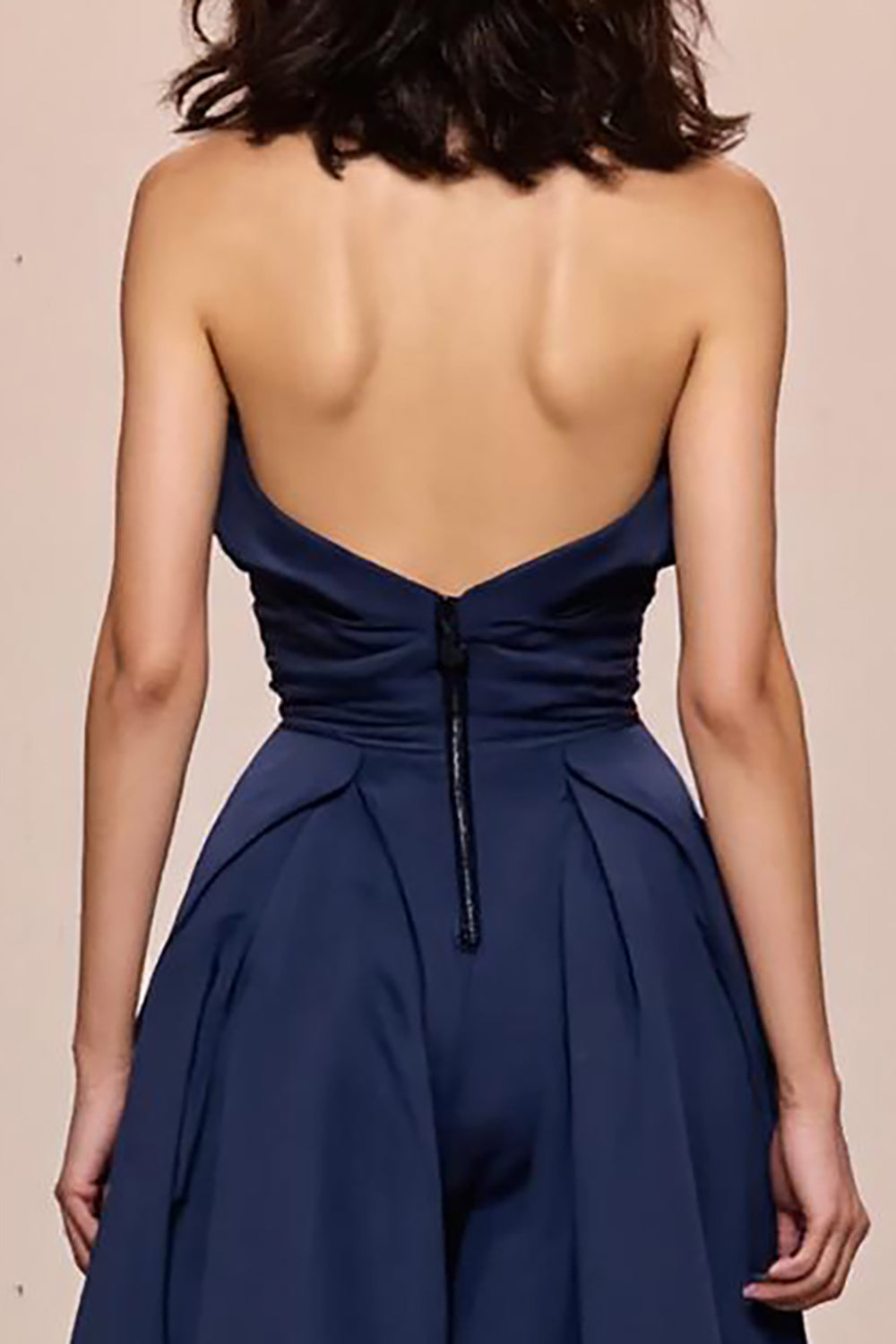 Robe de Soirée Longue Bustier en Satin Coupe Évasée Bleu Nuit