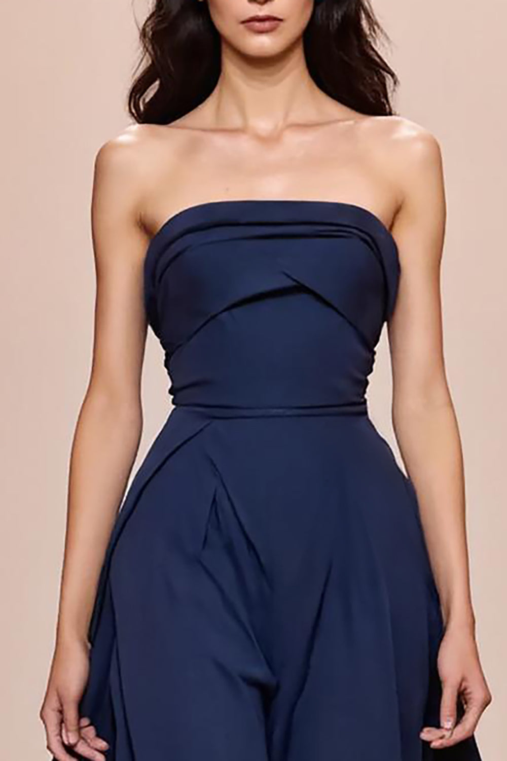 Robe de Soirée Longue Bustier en Satin Coupe Évasée Bleu Nuit