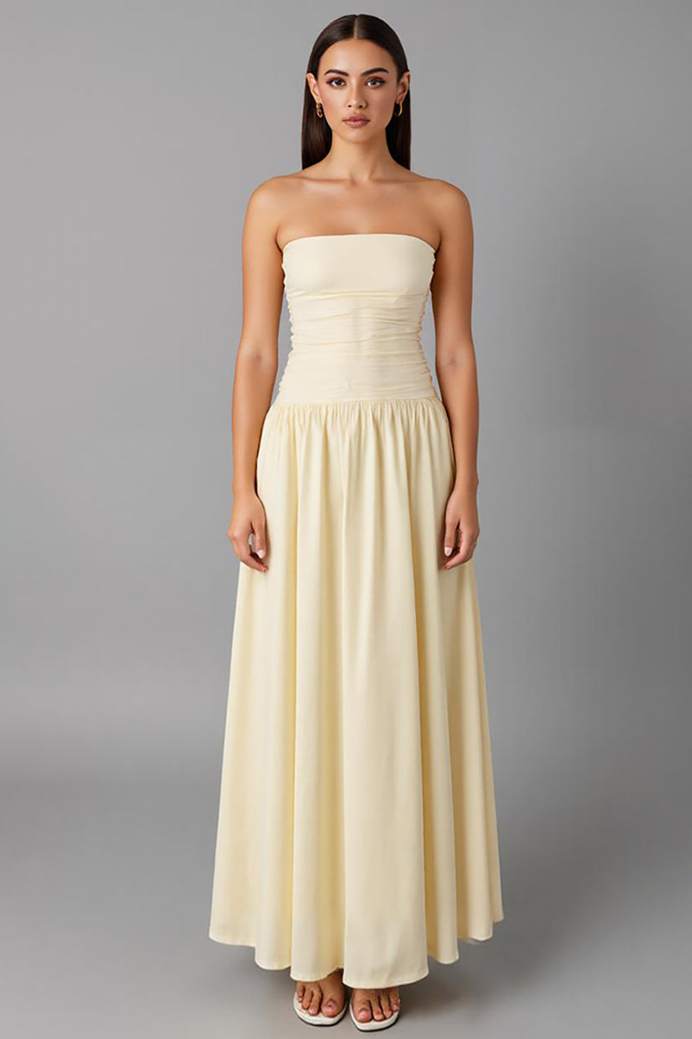Robe de soirée bustier trapèze en mousseline simple jonquille