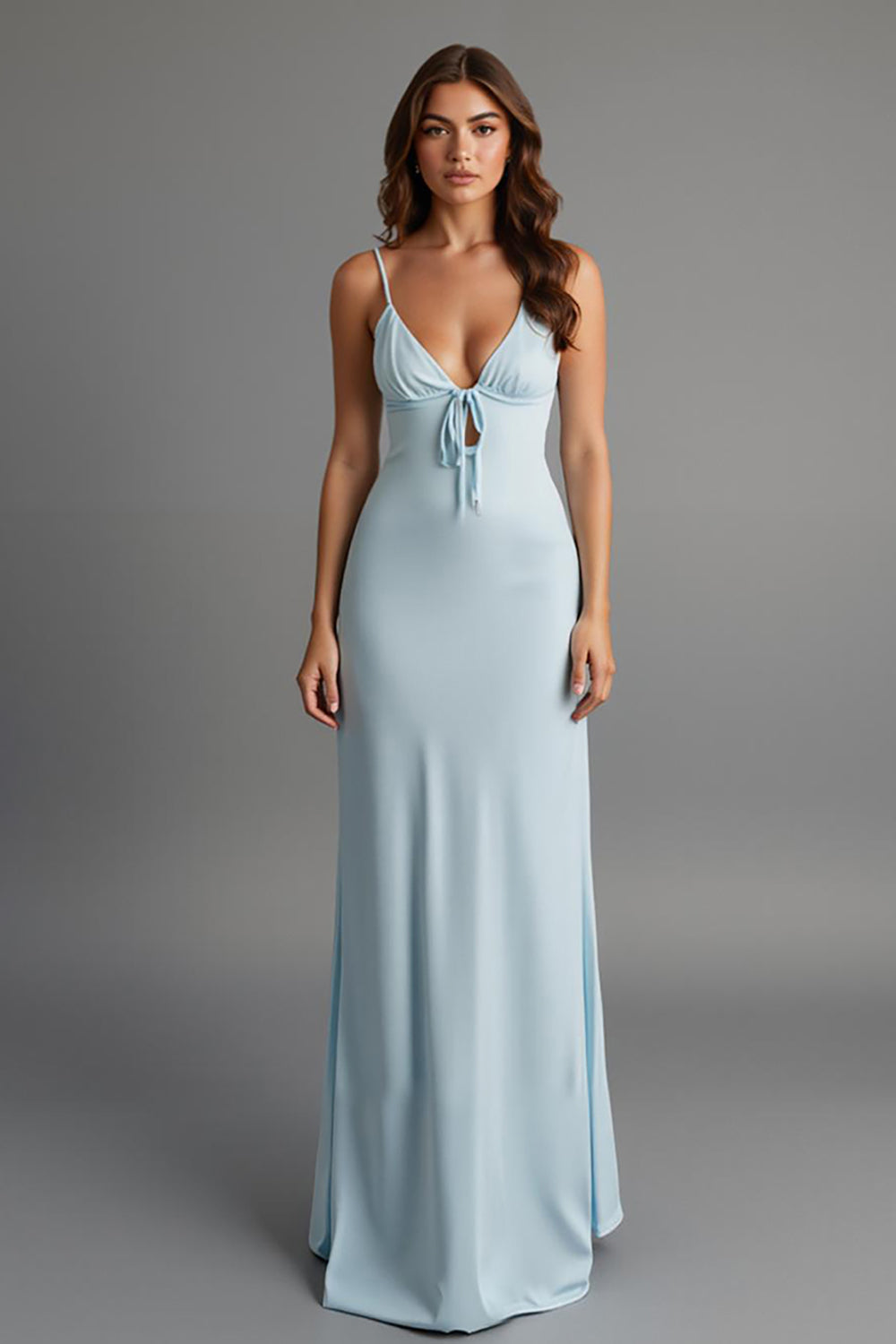 Sky Blue Spaghetti Straps Satin Sheath Evening Dress