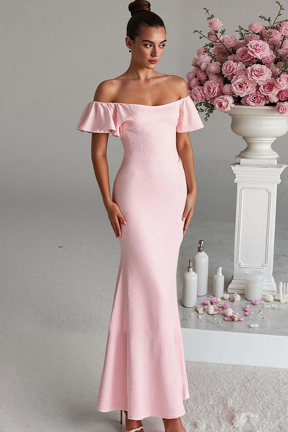 Light Pink Off the Shoulder Mermaid Satin Evening Dress
