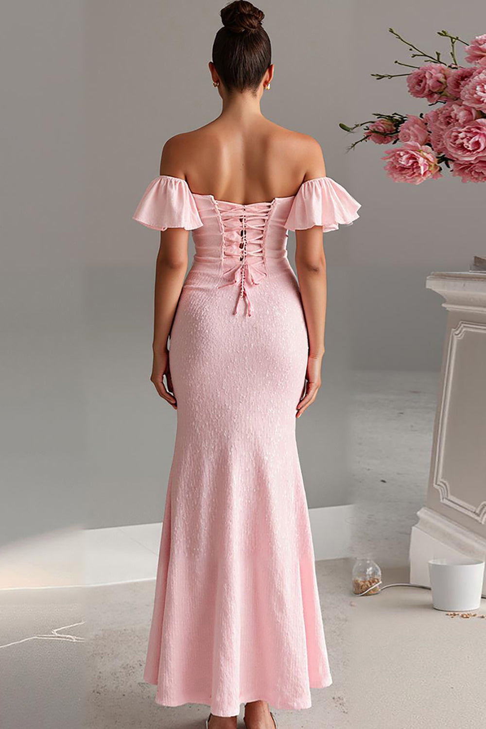 Light Pink Off the Shoulder Mermaid Satin Evening Dress