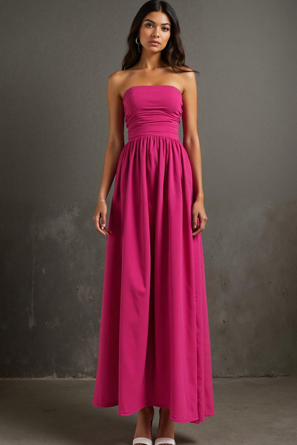 Fuchsia A Line Ruched Cottton Strapless Evening Dress