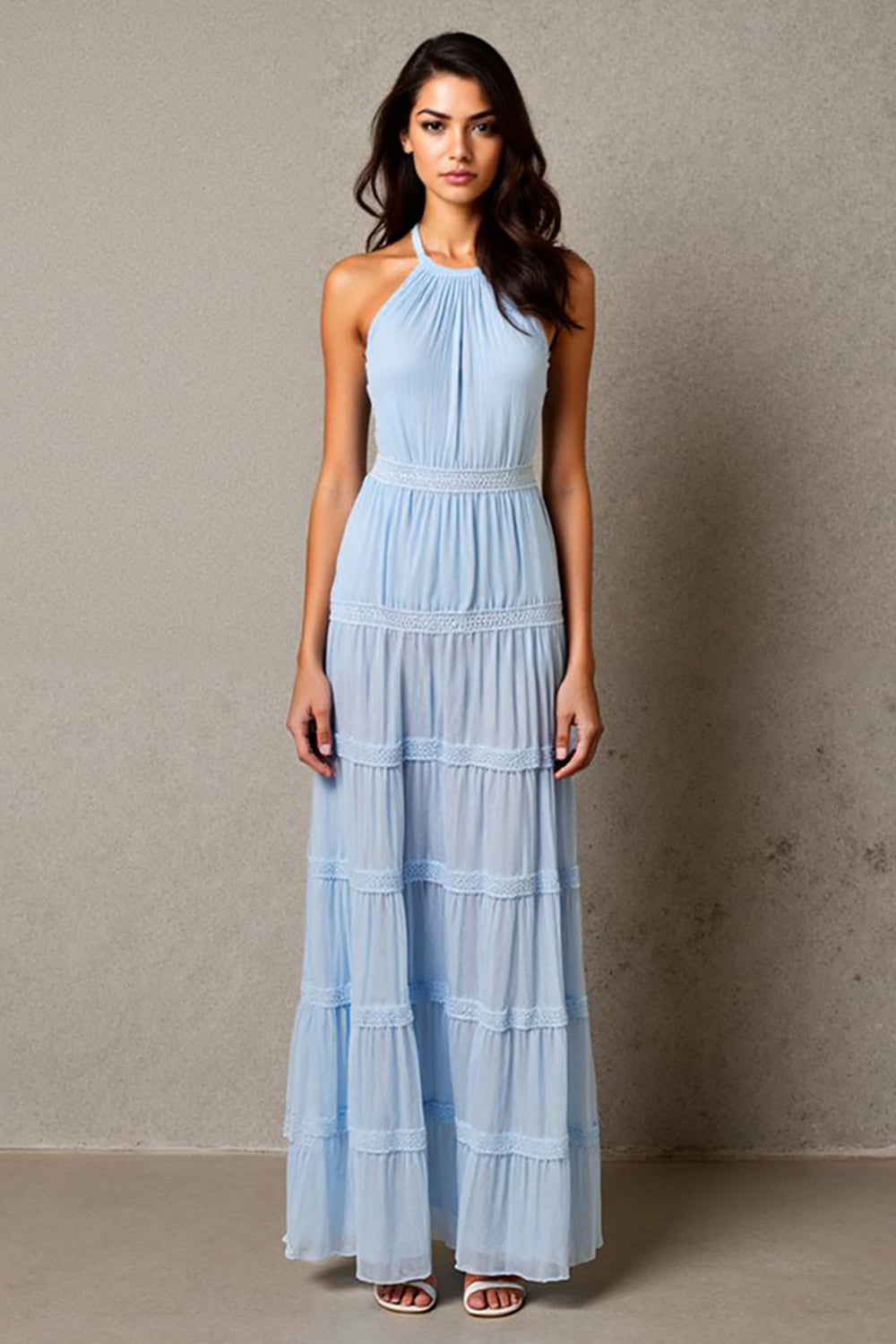 Halter A-Line Sky Blue Ruched Evening Dress