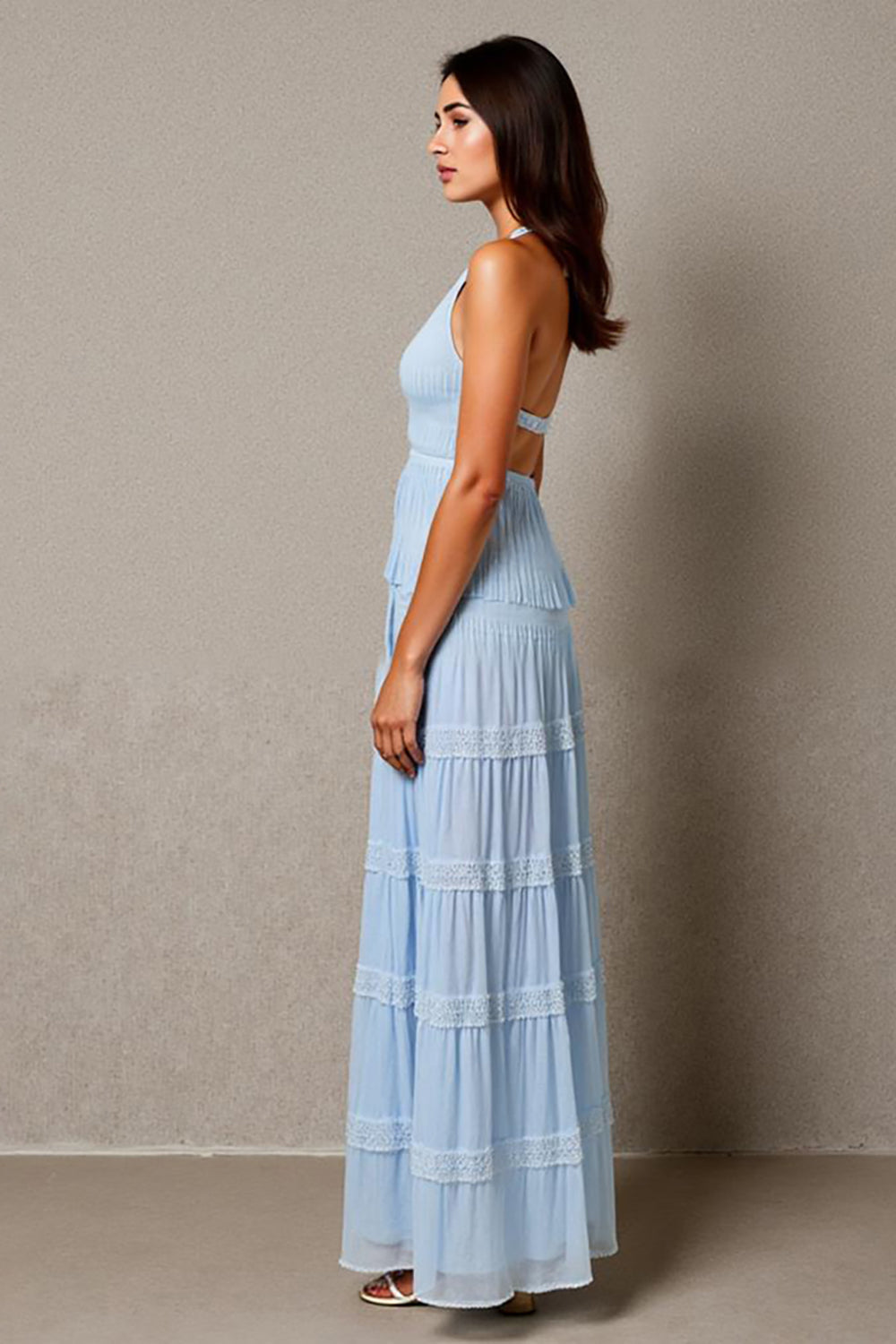 Halter A-Line Sky Blue Ruched Evening Dress