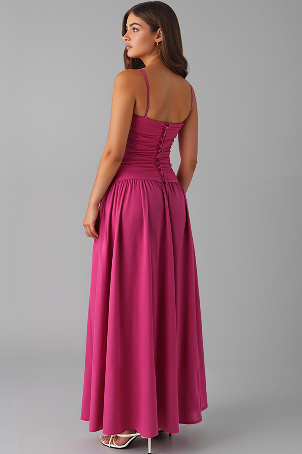 Spaghetti Straps A Line Fuchsia Cotton Evening Dress