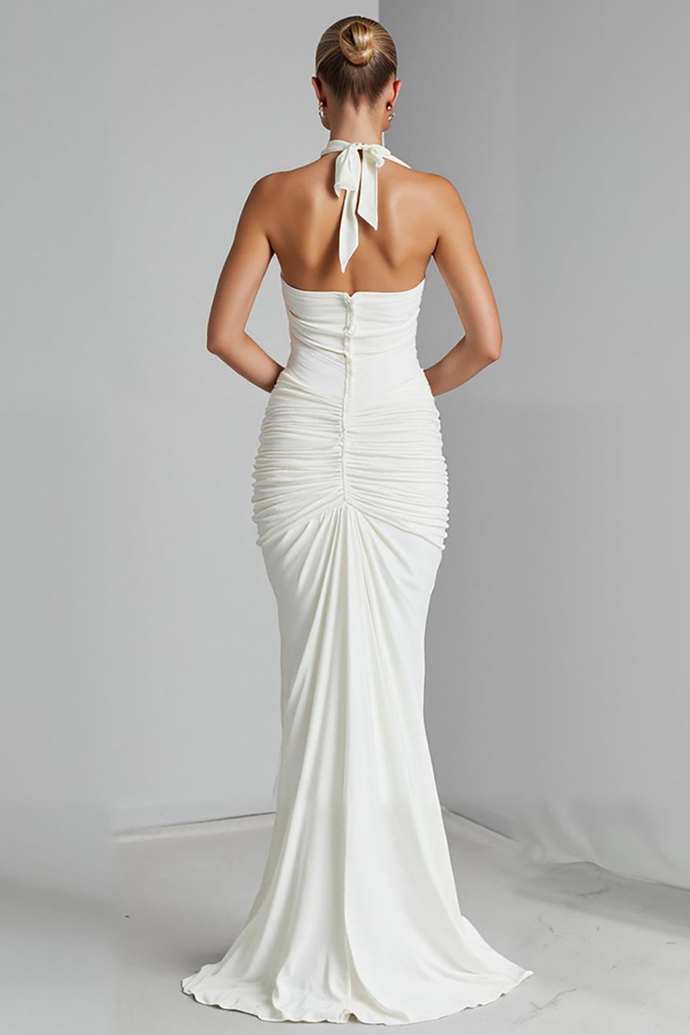 Ivory Halter Mermaid Chiffon V Neck Long Evening Dress