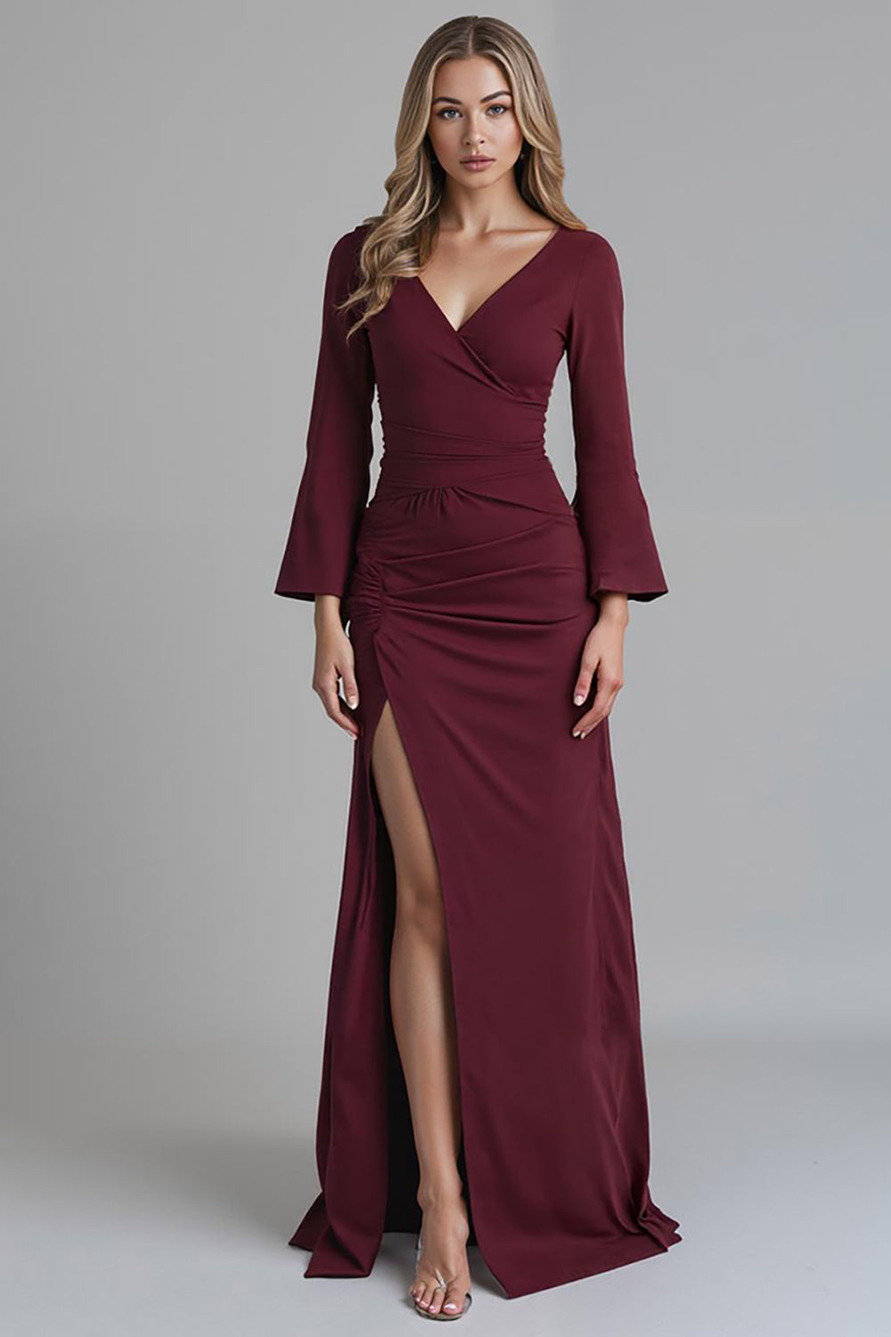 Dark Red V Neck Satin Mermaid Evening Dress with Slit