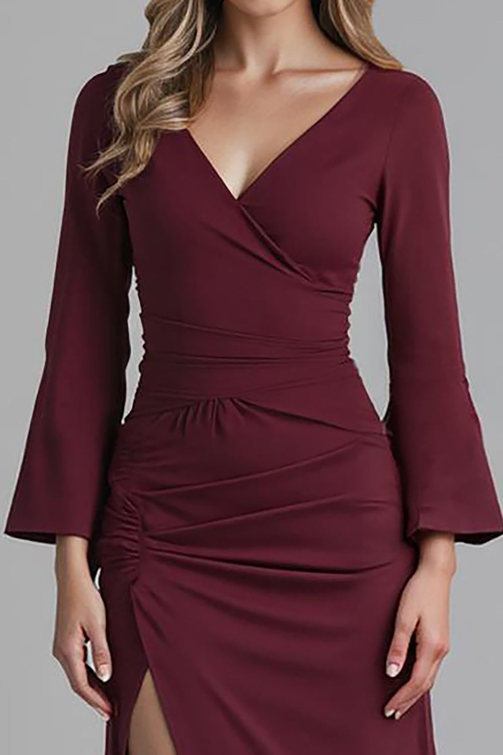 Dark Red V Neck Satin Mermaid Evening Dress with Slit