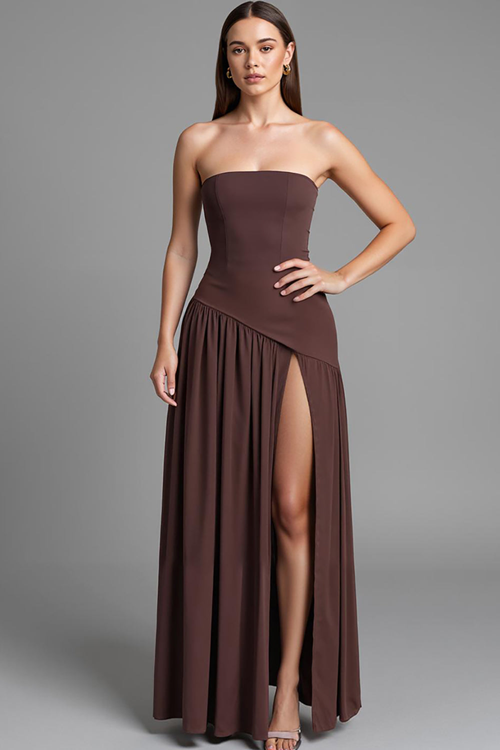 Coffee Strapless A-Line Cotton Ruched Evening Dress with Slit