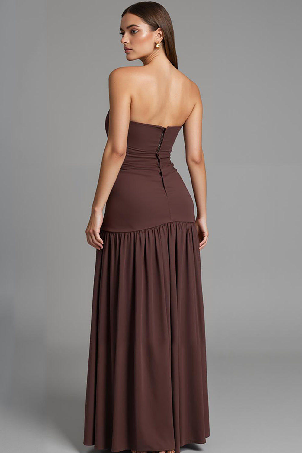 Coffee Strapless A-Line Cotton Ruched Evening Dress with Slit